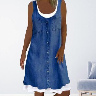 Women's Sleeveless Fake Two Piece Dress Summer Casual Crew Neck Denim