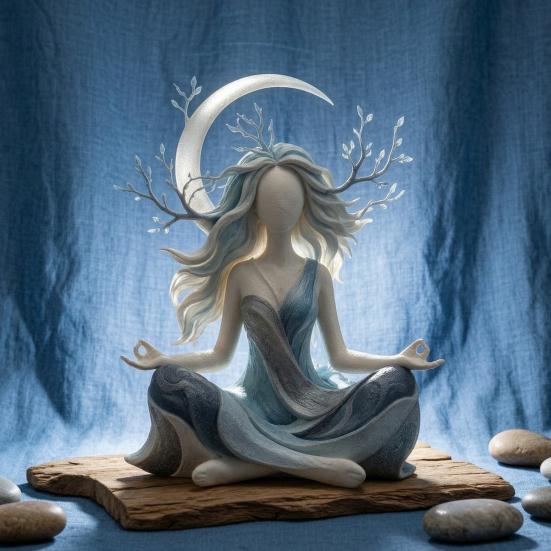 Accenti Minimalisti per Interni Statua in Resina Dea della Luna Meditazione, Statuetta Yoga Zen, Elegante Ornamento Unico in Argilla per Scrivania per la Casa