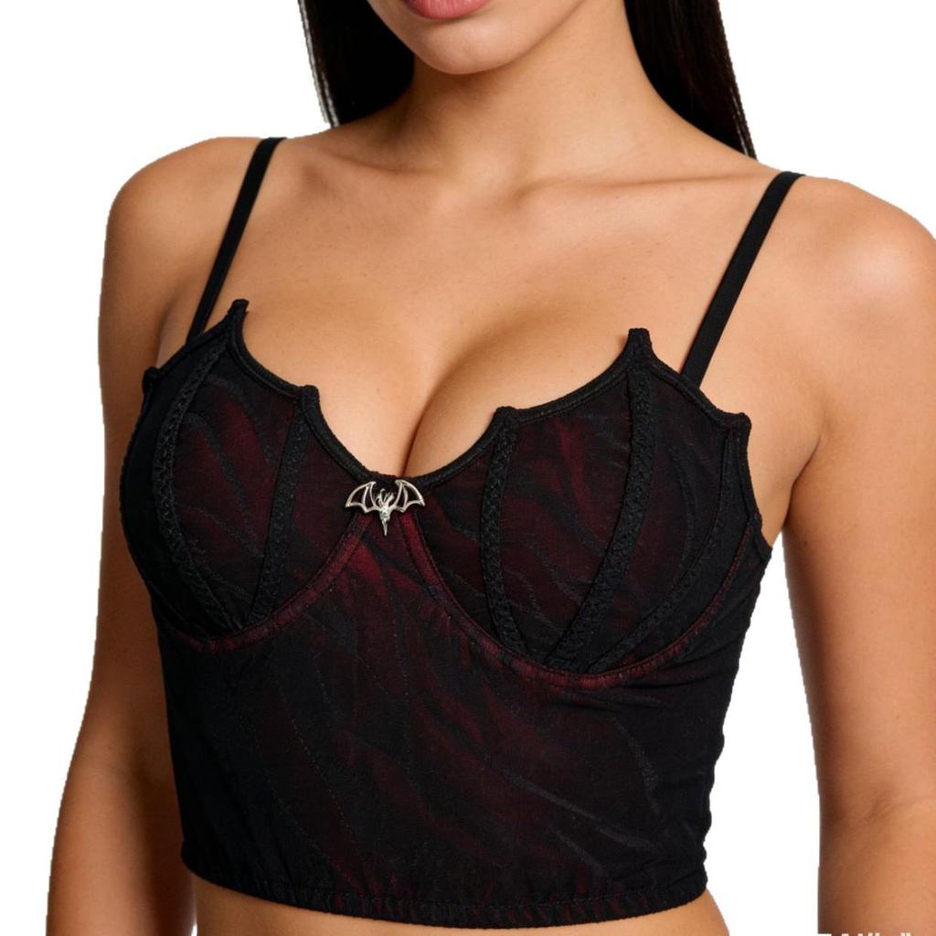 Dark Gothic Milk Silk Patchwork Corset Cami with Bat Cup Bra