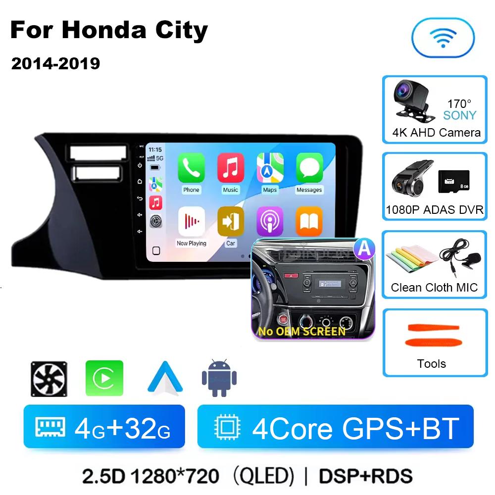For Honda City 2014 2015 2016 2017 2018 2019 Android 14 Qualcomm Car Radio GPS Navi QLED Screen Car Player WIFI BT 4G Head Unit
