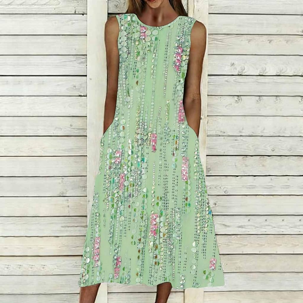Ladies Plus Size Sleeveless Crew Neck Dress Distinct Floral Printed Loose Mid Length Dress