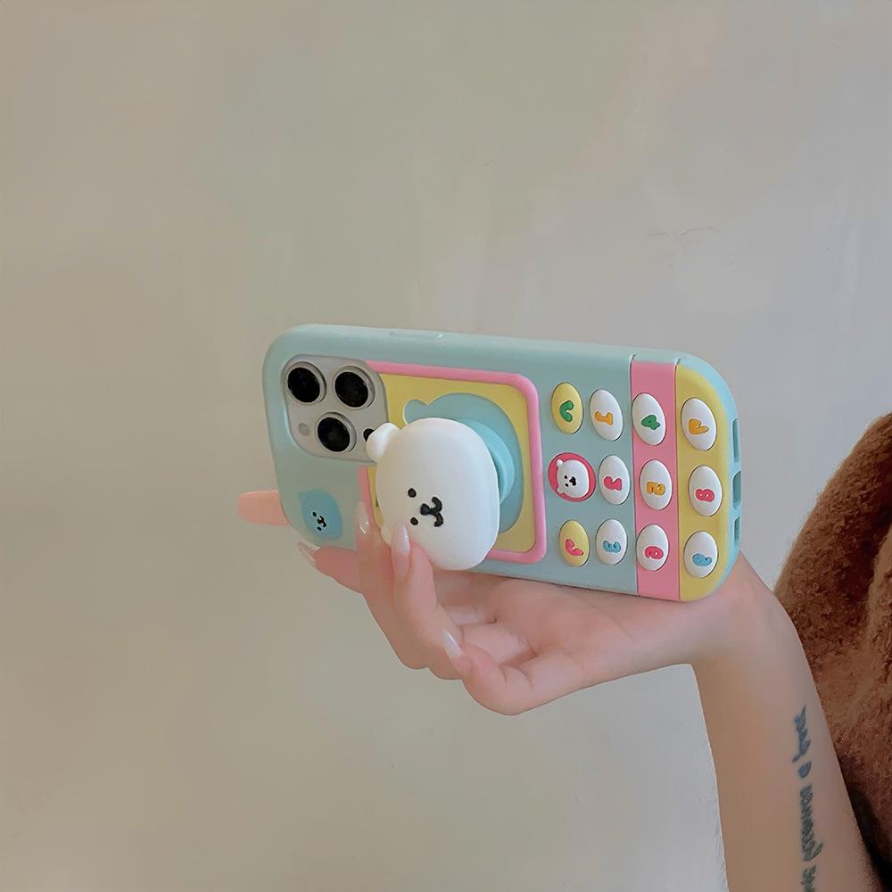 Kawaii 3D Cartoon Nagano Bear Telescopic Bracket Case For iPhone 17 16 15 14 13 12 Pro Max Soft Silicone Stand Holder Cover