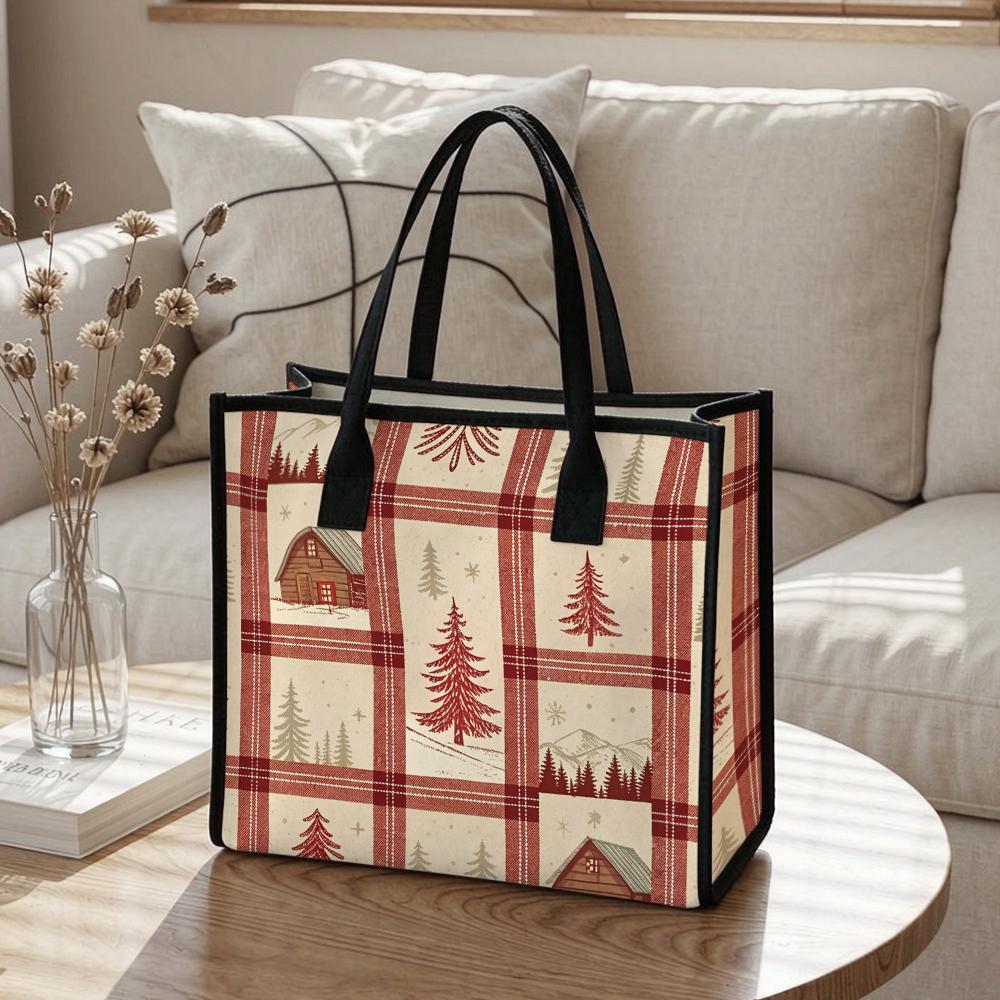 Christmas Plaid Tote Bag Winter Tree Cabin Print Large Handbag for Daily Shopping Travel Work Use