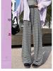 High-Waist Retro Striped Wide-Leg Pants with Drawstring - Women's Casual Floor-Length Knit for Autumn and Spring