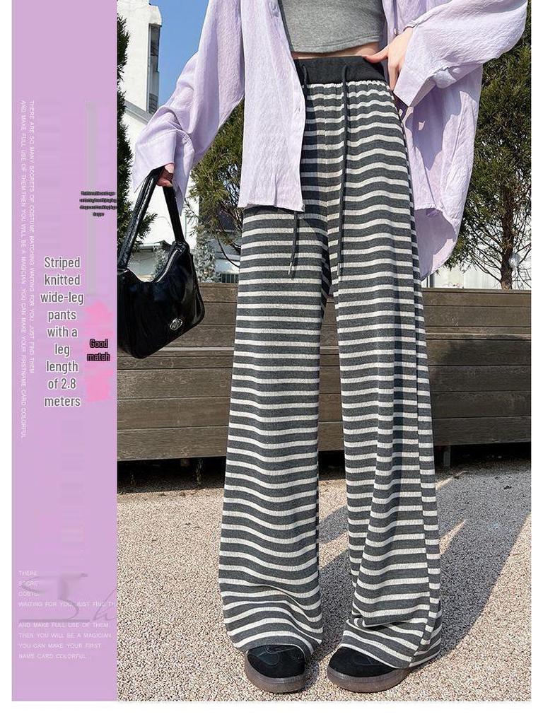 High-Waist Retro Striped Wide-Leg Pants with Drawstring - Women's Casual Floor-Length Knit for Autumn and Spring