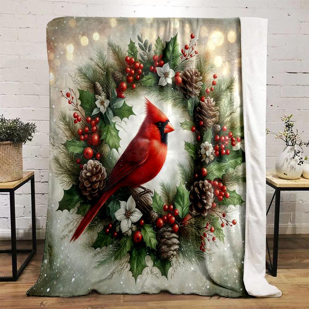 Red Cardinal On Christmas Wreath Flannel Blanket for Bedroom, Living Room, Sofa, and Nap Sofas