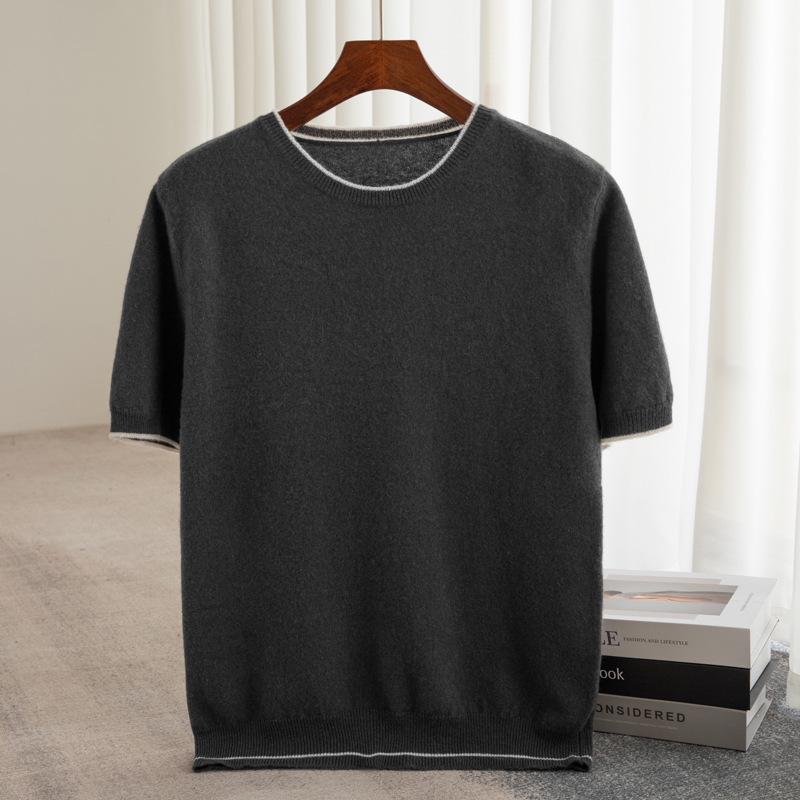 T-shirt à Manches Courtes et Col Rond Color Block 100% Laine Australienne pour Homme - Coupe Ample Décontractée, Couche de Base en Cachemire Printemps/Automne.