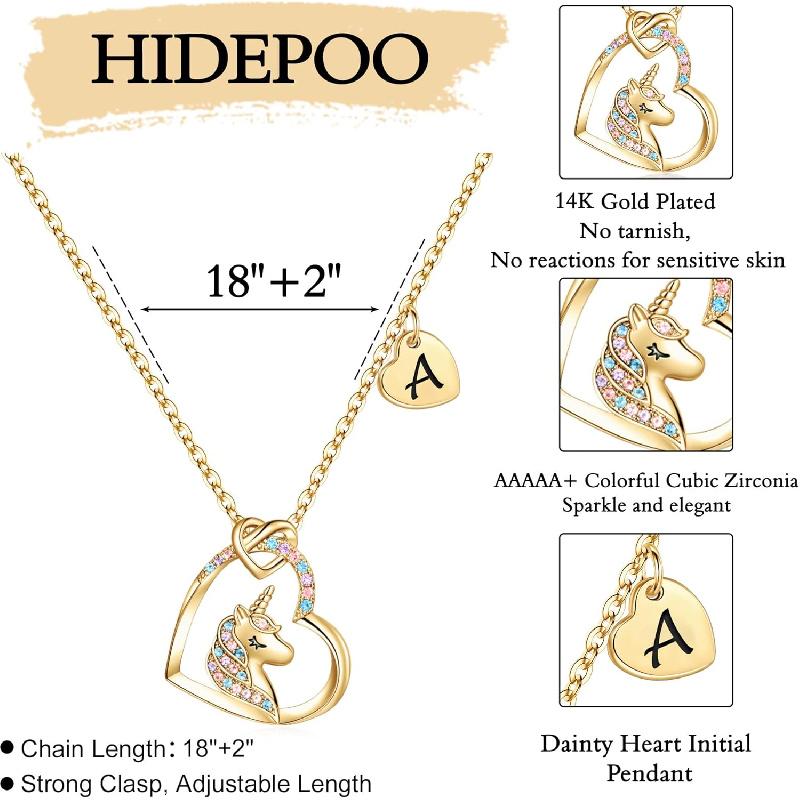 Hidepoo Unicorn Necklace Gifts for Girls - Colorful CZ Heart Pendant Initial Unicorns Necklaces Birthday Gift for Girl Daughter Granddaughter Niece
