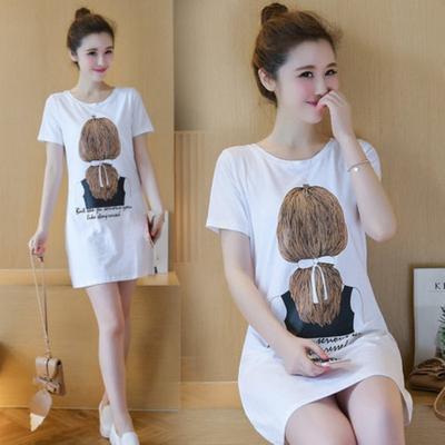 New Summer Women's Korean Dress Printed Mid-length Short-sleeved T-shirt Skirt Female Student Top