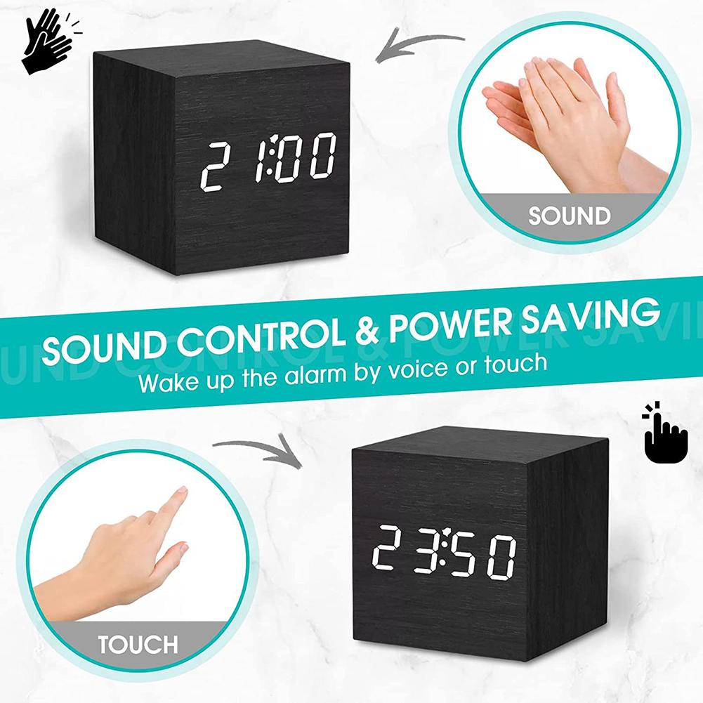 Wooden Electronic Desktop Clock with Temperature LED Bedside Clock USB/Battery Powered Bedroom Table Clock for Home Decoration