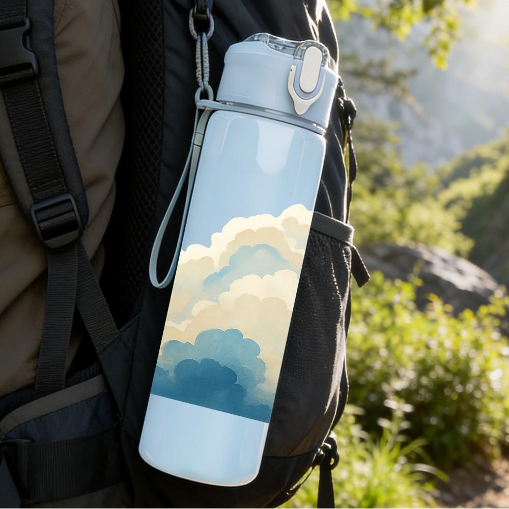 1PC Soft White Cloud Landscape Art 750ml Color Plastic Sports Water Bottle Leakproof Flip Straw Lid For Sports Office Home Use