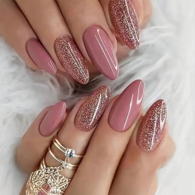 24ks Medium Mandle Shape Press-On Nails Set in Silvery Glitter & Pink - Obsahuje Jelly Glue, Pilník | Lesklý povrch pro péči o ruce, nohy a nehty