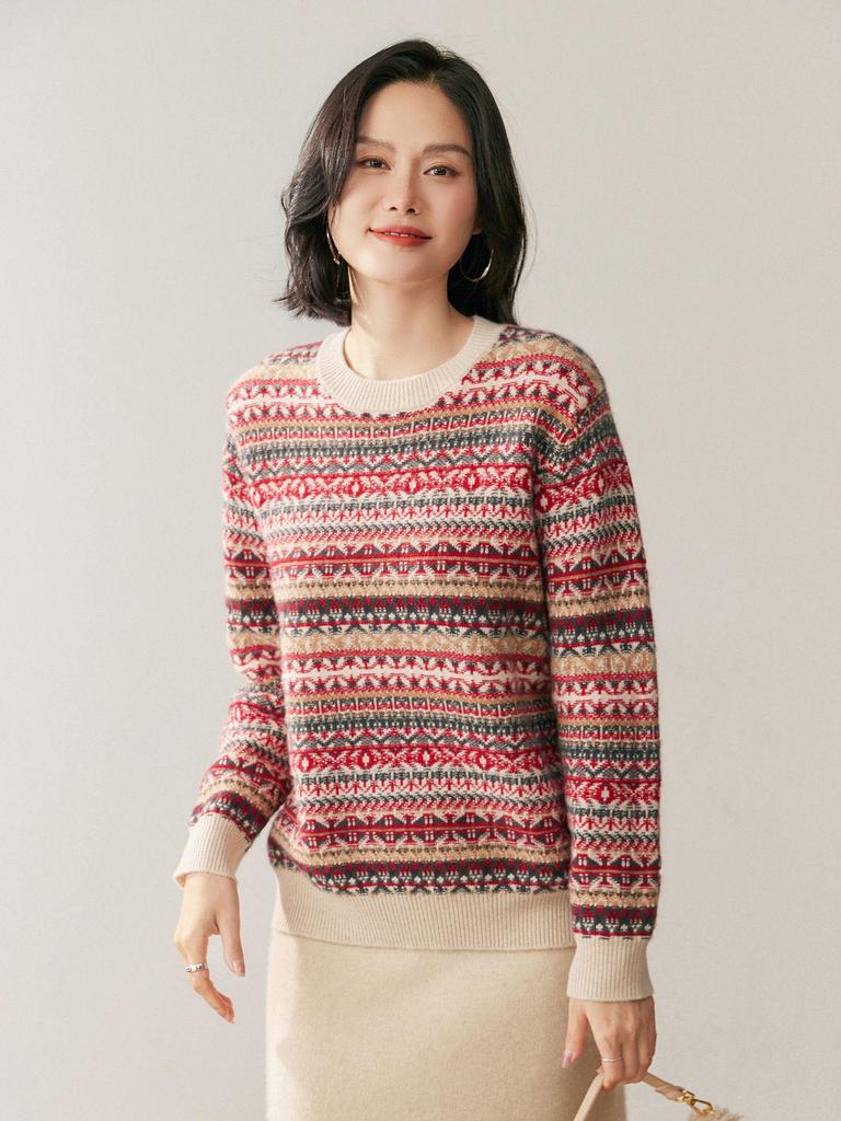 Design-Forward French Cable Knit Cashmere Sweater - Women's Loose Contrast Color Round Neck Knitwear for Autumn/Winter