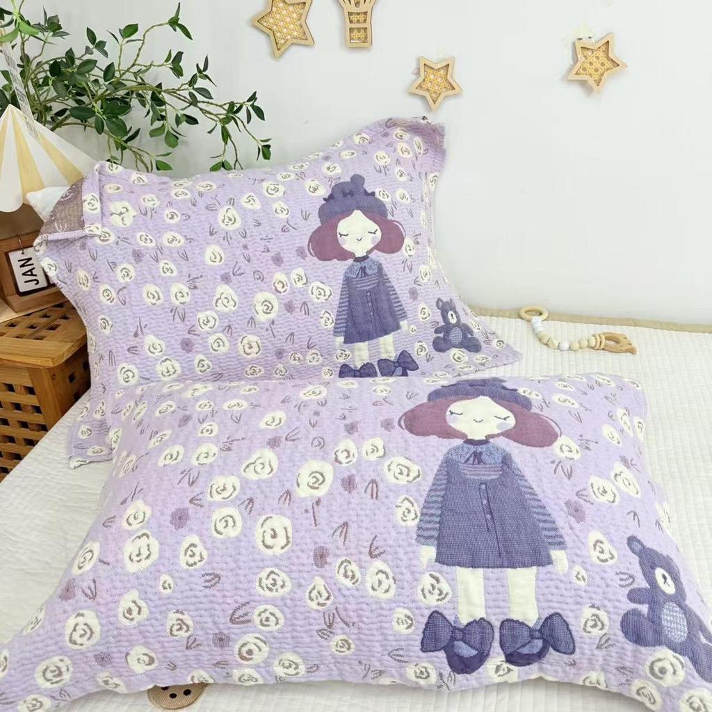 Cartoon Cotton Gauze Pillowcase Set: Soft, Breathable, Sweat-Absorbent Pillow Covers.