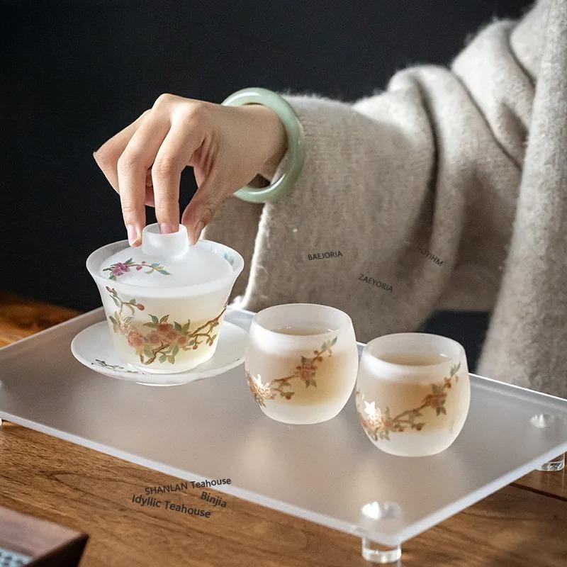 Jade Peach And Plum Glass Teacomplete Ancient Ceremony Set Household Teapot And Tea Cup Set Chinese Collection
