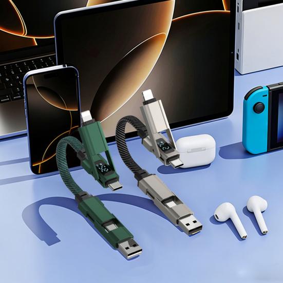 65W 4 In 1 Keychain Cable, Fast Charging Data Cable with LED Display, 8-Pin/Type-C/USB-A/USB-C, Portable Keyring Cord for Most Phone