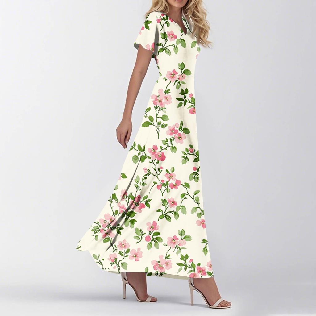 Women's Summer Casual V Neck Short Sleeve Maxi Dress with Floral Print Lightweight Relaxed Fit Flowy Design for Daily Wear