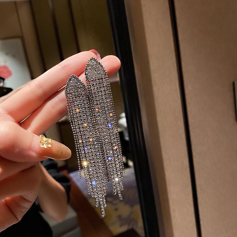 2025 Light Luxury Silver Needle Diamond Flower Tassel Earrings - Elegant European & American Style for Women