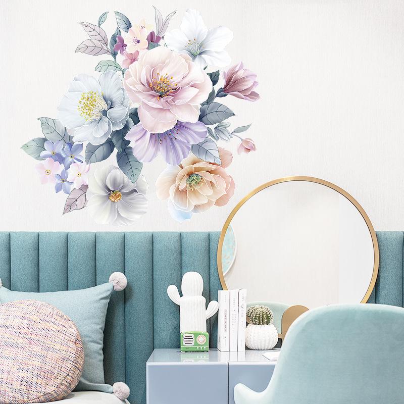 Artistic Watercolor Pink and Blue Flowers Wall Stickers, Bohemian Style Wall Decals for Bedroom Headboard and Hallway Decor
