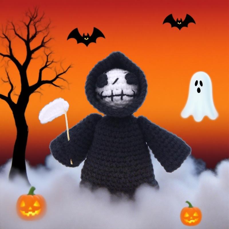Handmade Halloween Skeleton Crochet with Positive Card Home Halloween Decoration Funny Knitted Death Skull Doll Ornament Decor
