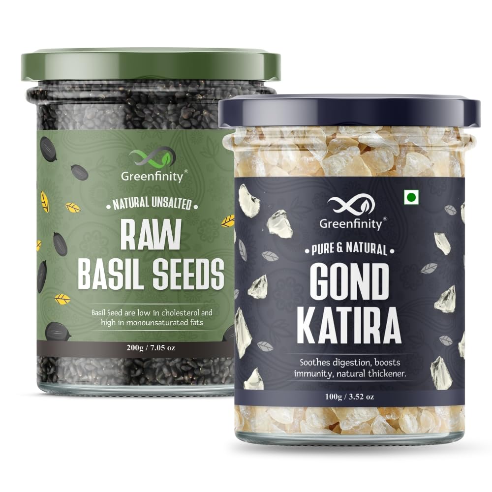

Greenfinity Basil Seeds & Gond Kateera Combo | 200g Sabja Seeds + 100g Tragacanth Gum | Summer Body Coolant | Digestion & Weight Management | 100