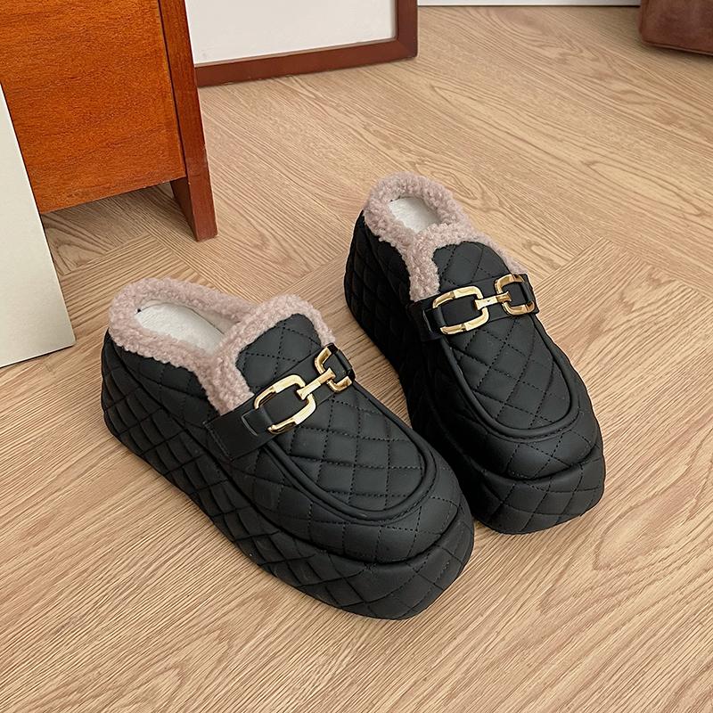 Fashion Aphixta 8cm Platform Metal Buckle Design Slippers Women Wedge Slides Women Shoes Checkered Furry Slides Slip On Winter Shoes