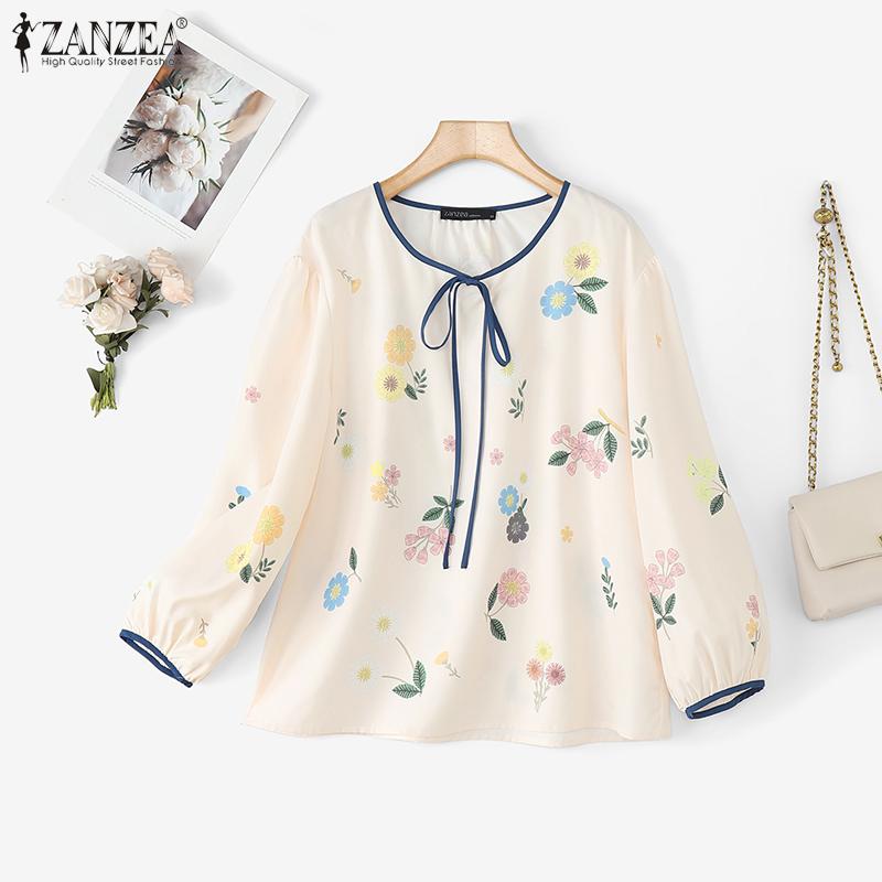 ZANZEA Bluză cu mânecă lungă, lejeră, cu gât rotund, florală