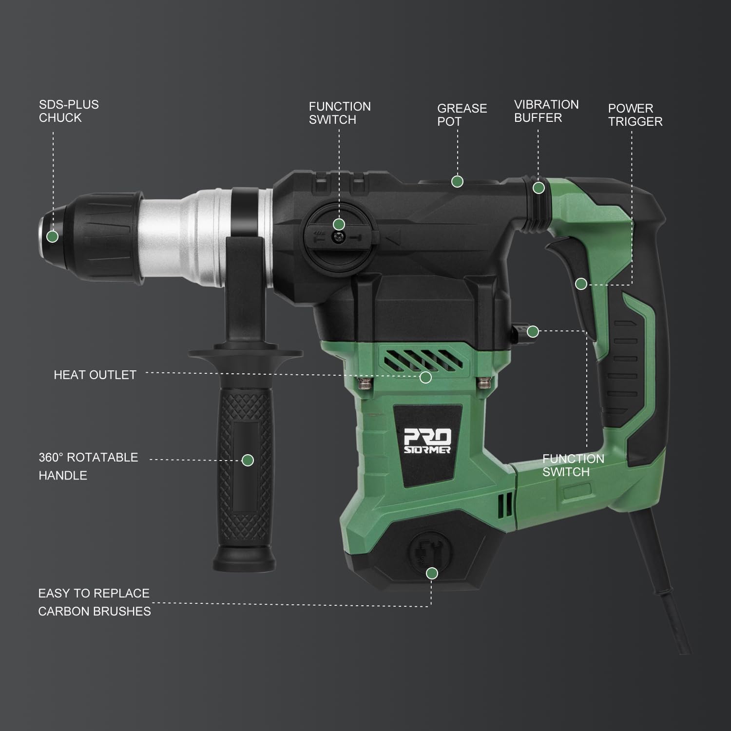 

1-1/4 SDS-Plus Rotary Hammer Drill, 13A, 4-Function, with Case, Grease, Chisels & Bits for Concrete, Steel, Wood United States