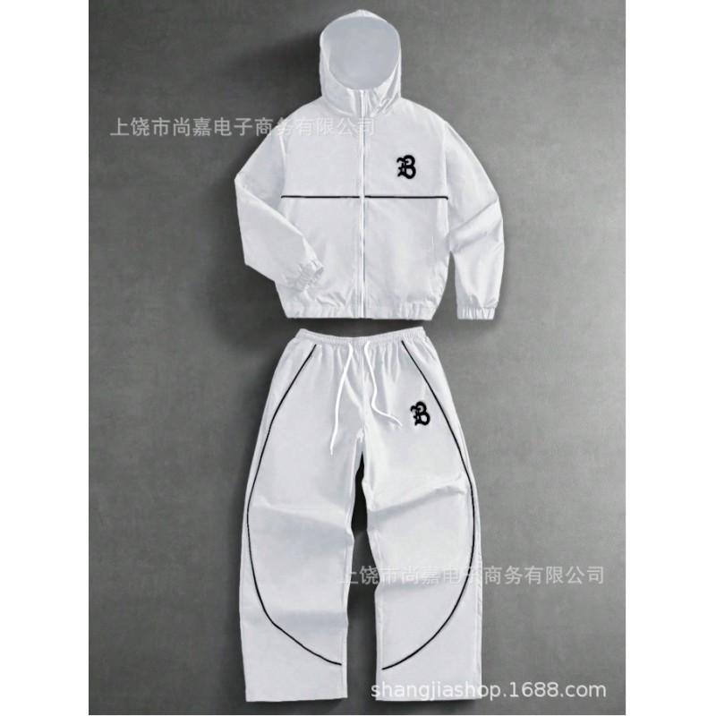 Mens Hooded Zip-Up Letter Print Tracksuit Set Casual Sportswear Lightweight Air Layer Fabric Fall