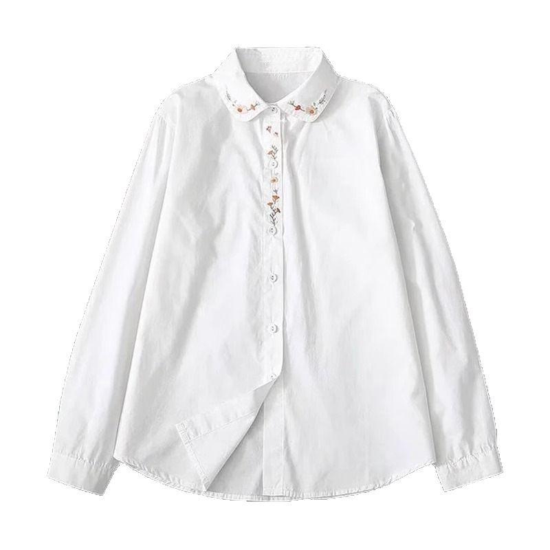 White Cotton Shirts Women Turn Down Collar Embroidered Long Sleeve Blouse Spring Autumn Loose Casual Tops Button Lapel Office Sweet Simple Clothing