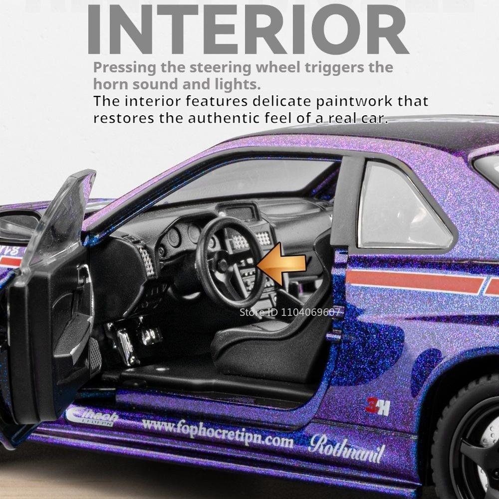 1:24 Scale GTR-R34 M3 Sports Car Model Toy Shock Absorption Pull Back Supercar Metal Body Sound Light Models Kids Presents