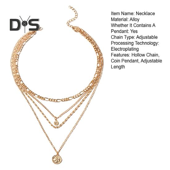 Women Necklace Multi-layered Coin Pendant Thick Hollow Chain Adjustable Length Electroplated Hip Hop Club Party Punk Neck Jewelry
