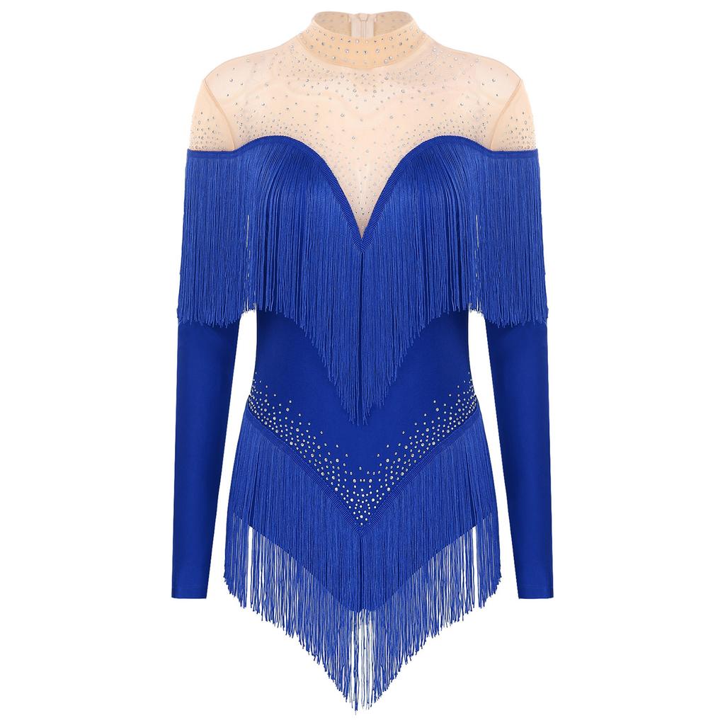 Damski trykot do tańca latynoamerykańskiego z frędzlami, z siateczką na szyi i długimi rękawami, błyszczący, z cyrkoniami, body z frędzlami