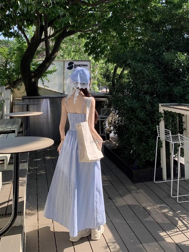 Damen Blau Kariert Ärmellos Spaghettiträger Maxi Kleid