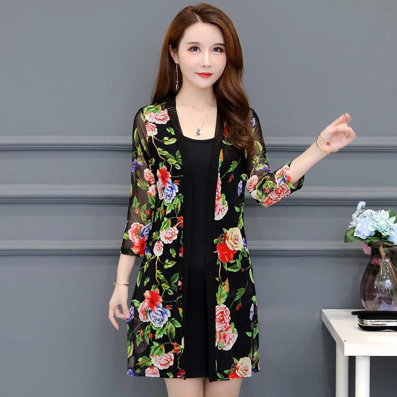 Damen Mittellang Große Größe Sonnenschutz Cardigan Tops Mantel Damen Sommer Spitze Druck Dünne Sonne Sonnencreme Jacke
