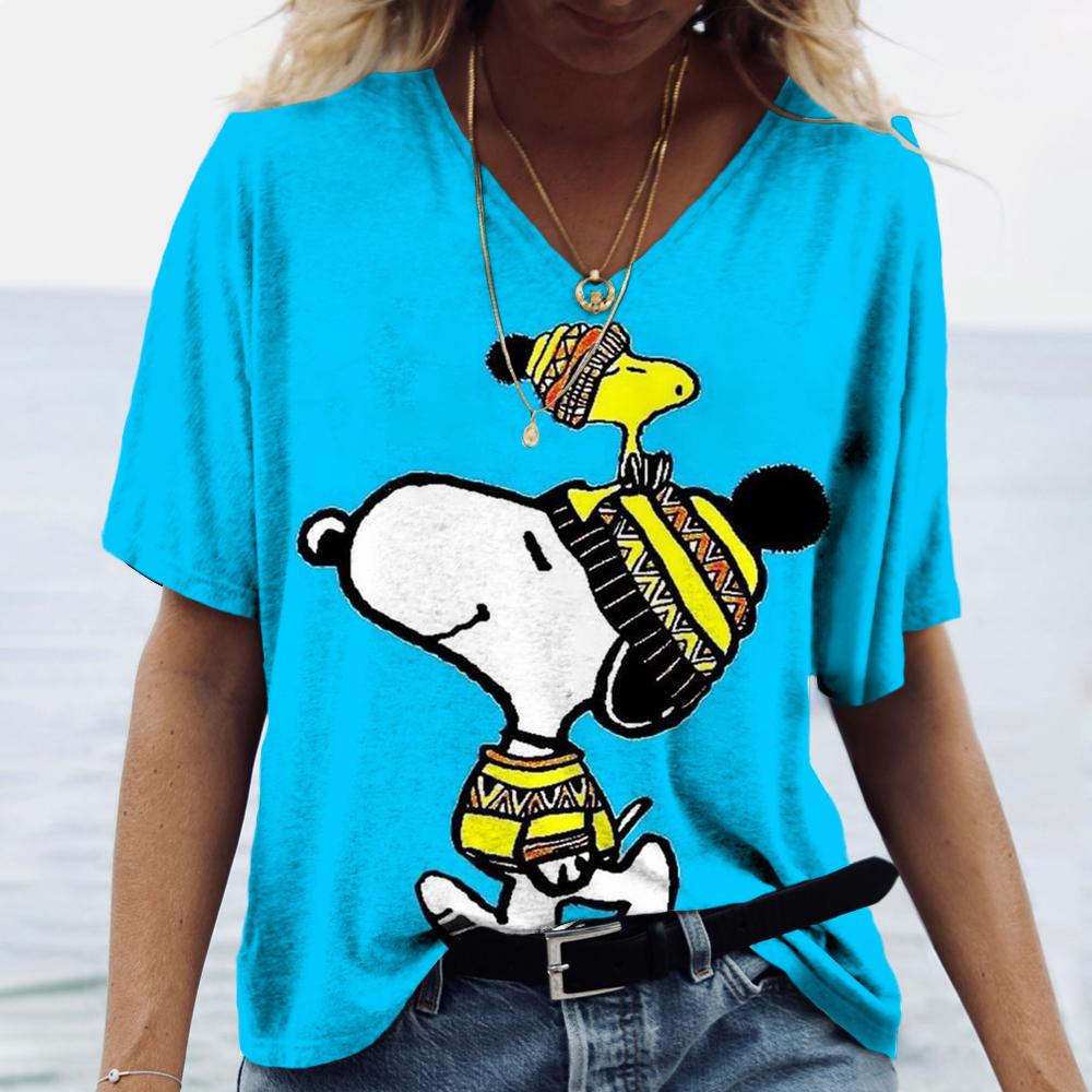 Dámská trička Disney Snoopy 3D potisk Nová V-výstřih Krátký rukáv Letní Ležérní Dámské oblečení Harajuku Y2K Hip Hop Oblečení