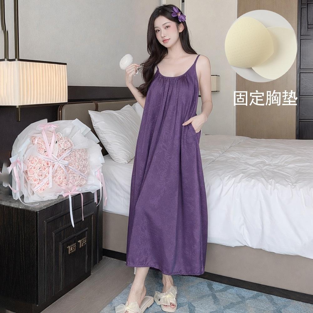 Summer Fixed Chest Pad Suspender Dress French A-shaped Long Dress U Backless Loungewear Sexy Nightdress Women's Medium and Long