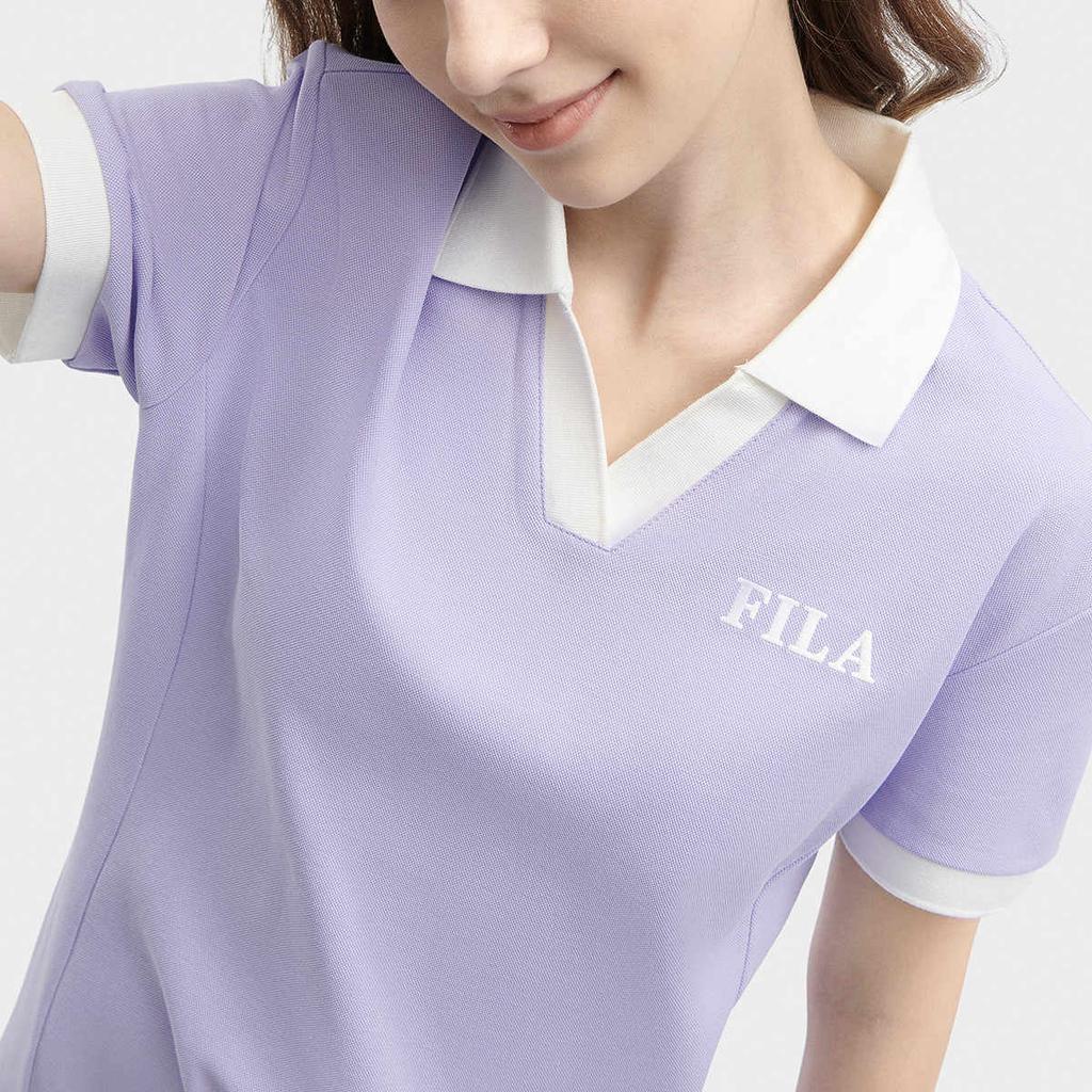 Fila Letter Logo Printed Breathable Sports Casual Slim Elegant Short Sleeve Dress Women Dresses Lavender F51W429301F-PU