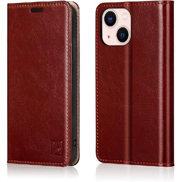 Belemay Совместимый с iPhone 13 Чехол-кошелек, Защитная книжка из натуральной кожи с держателями для карт с RFID-блокировкой [Несъемный мягкий внутренний корпус] бордовый