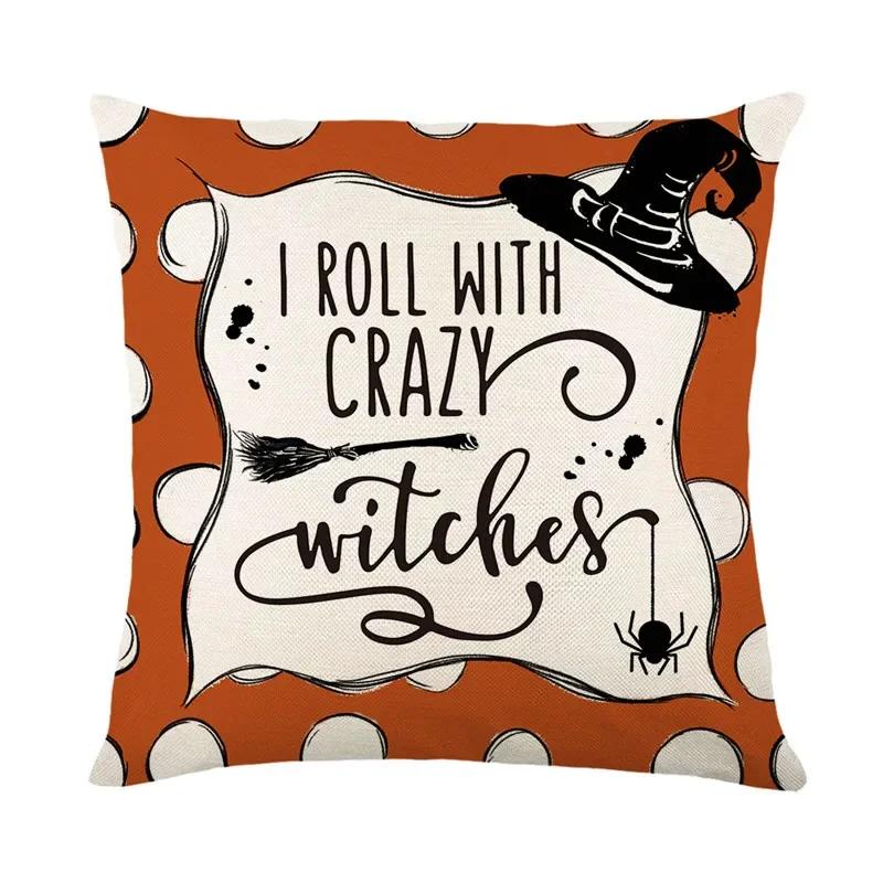 40/45/50cm Halloween Party Decorations Linen Pillowcase for Sofa Black Witch Ghost Print Throw Pillow Cover Home Decor