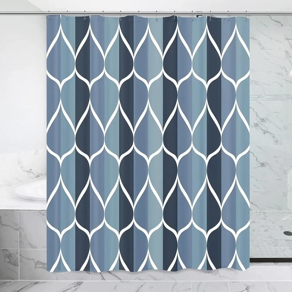 Fabric Geometric Shower Curtain, Mid-Century Modern Geometric Herringbone Chevron Blue Black Gray Square Bathroom Decoration