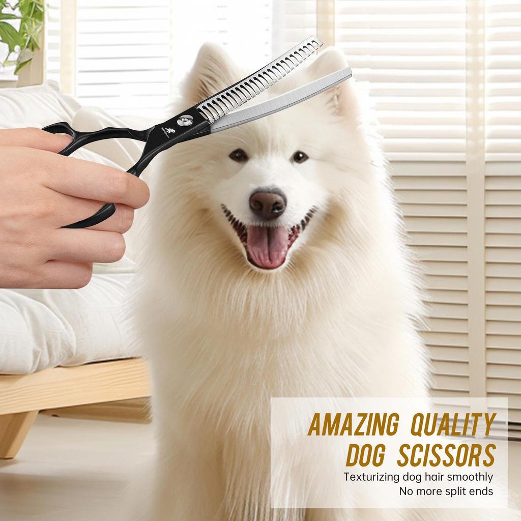 Meideng 6.5" Half-Black Curved Fishbone Pet Grooming Shears with Thinning Blade.