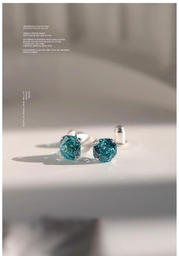 Paraiba Natural Aquamarine Ice Flower Cut Earrings, Women's S925 Sterling Silver Studs with Colored Gem Crystals