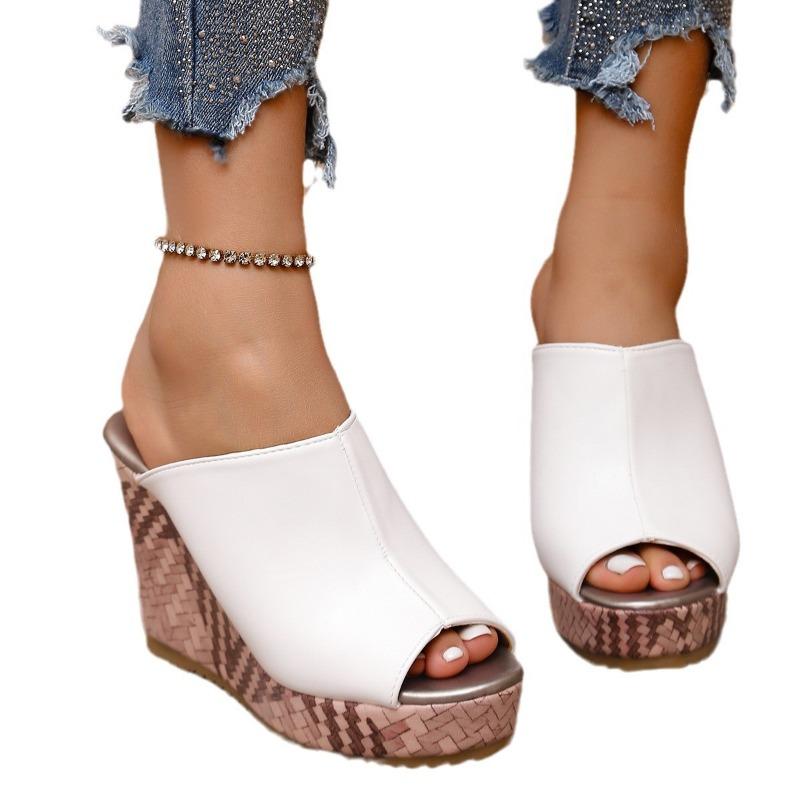 Wedge Heel Slippers Women's New Soft Leather Waterproof Table Super High Heel Thick Bottom Fish Mouth One Word Cool Slippers