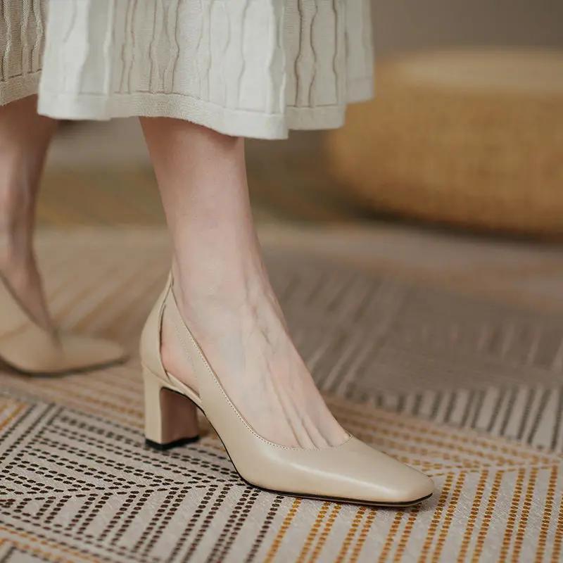 Fashion Chunky Heels Normal Leather Casual High Block Heel Nude Ladies Footwear Office Women's Shoes Square Toe Pumps on Heeled 39 Offer
