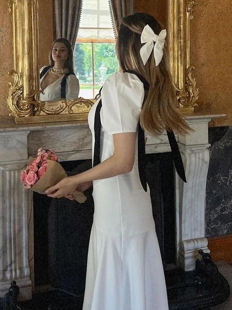 Bogen Patchwork V-Ausschnitt Kurzarm Damenkleid Sommer Party A-Linie Damen Lange Robe