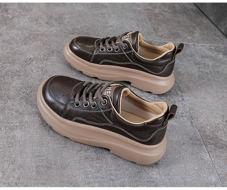 Women's Genuine Leather Retro Lace-Up Sneakers with Thick Soles - Spring Casual Cowhide Loafers