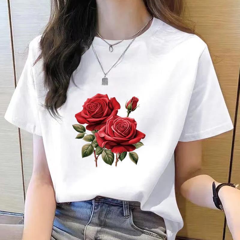 Korean Style Women's Floral Printed Short Sleeve T-Shirt, Round Neck, Casual Fashion for Youth