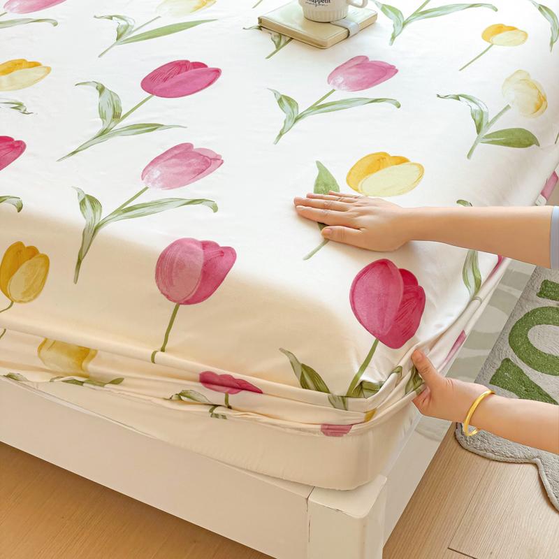 Queen Bed Sheets Set Tulips Printed drap de lit Floral Flower Style Fitted Sheet with Elastic Band Single Bed Linen for King Bed