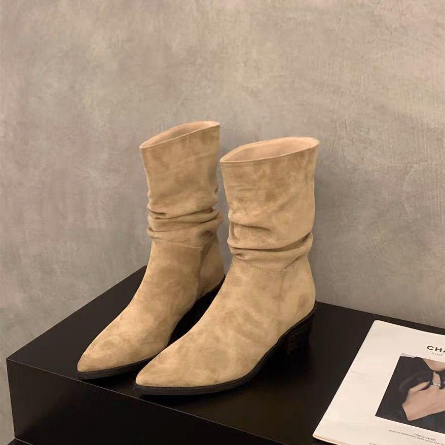 Khaki Suede Pointed Toe Slimming French Ankle Boots for Women - Spring Autumn 2025